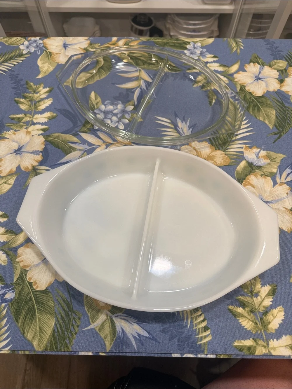 Pyrex White Milk Glass Snowflake Divided Casserole Dish with Clear Glass Lid